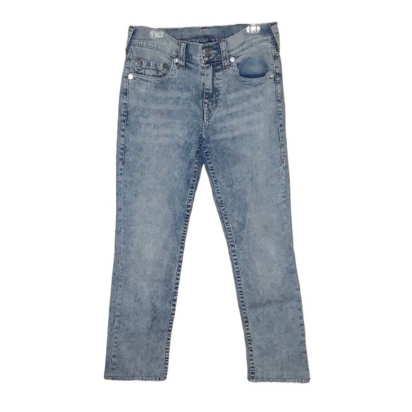 True Religion Geno Mens 31 Jeans Relaxed Slim Acid Wash Blue w/Red Embroidered